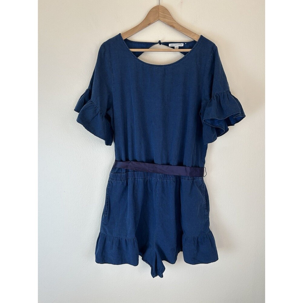 American Eagle XL Long Denim Romper Jean Ruffle Playsuit Blue Western Boho